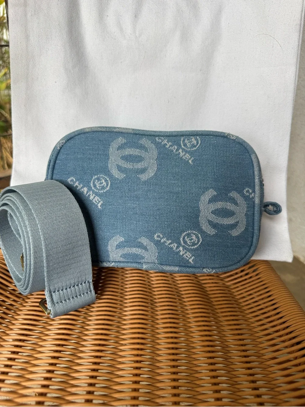 CHANEL Light Blue Denim Logo Canvas Beaute pouch/crossbody.
